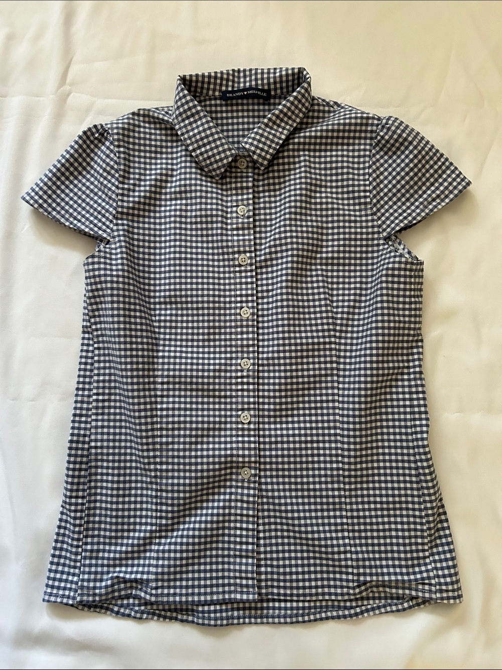 Brandy Melville Navy and White Gingham Button-Down Top